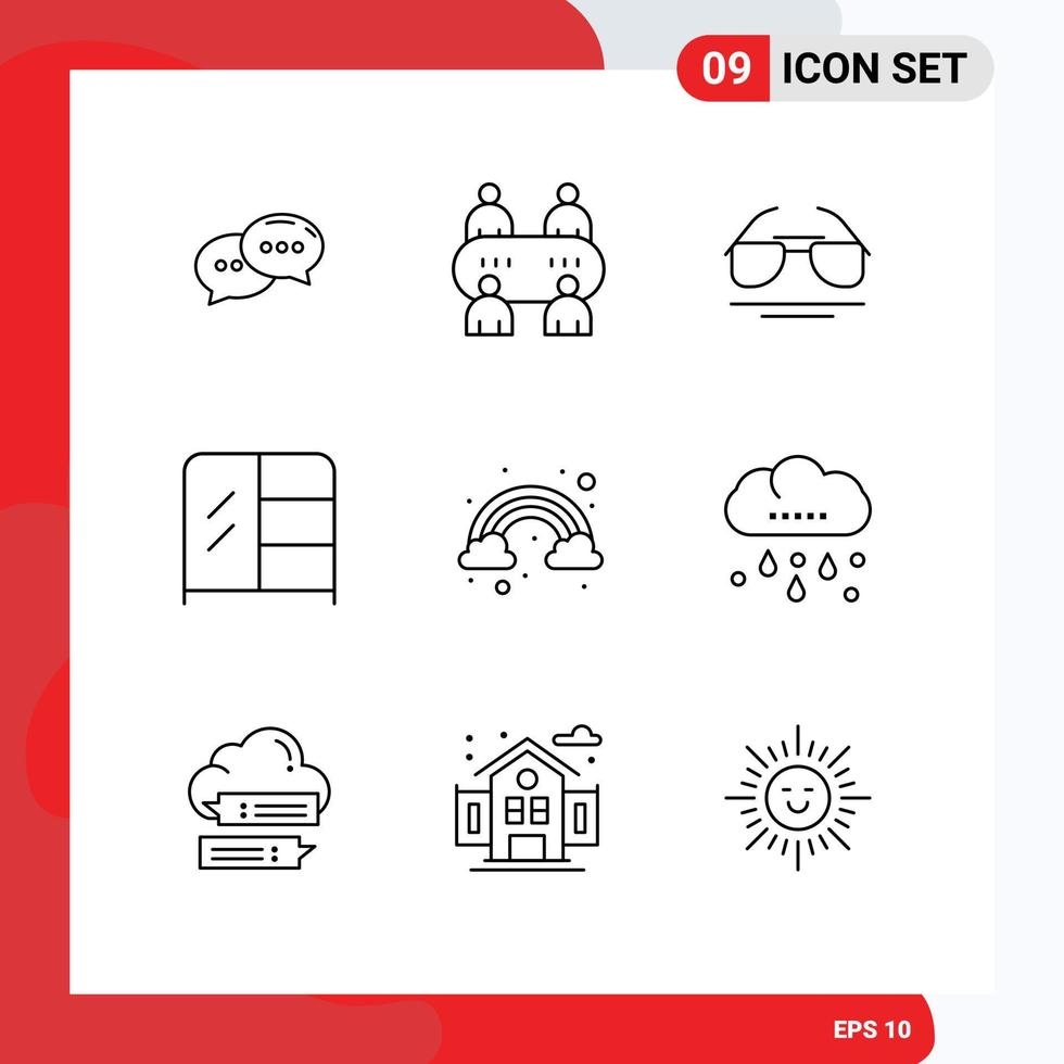 Group of 9 Modern Outlines Set for cloud rainbow eye cloud interior Editable Vector Design Elements