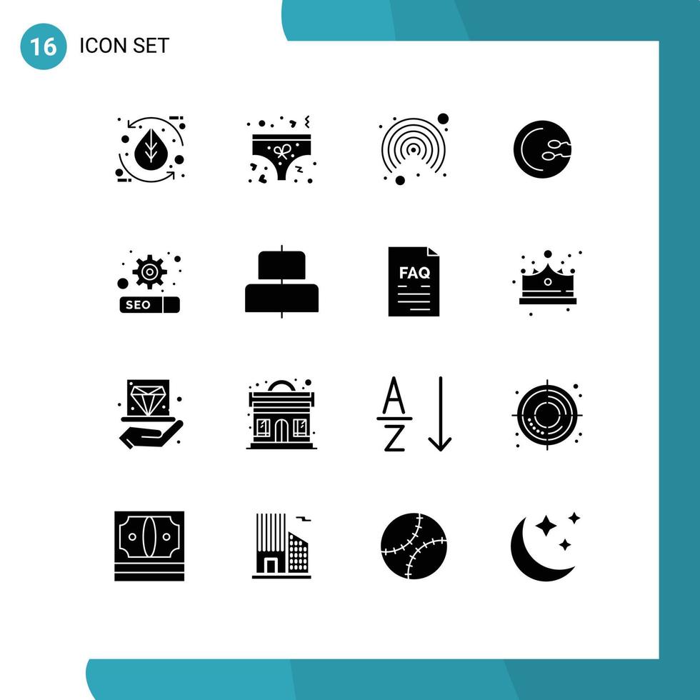 Modern Set of 16 Solid Glyphs and symbols such as seo medicine underwear reproduction process Editable Vector Design Elements