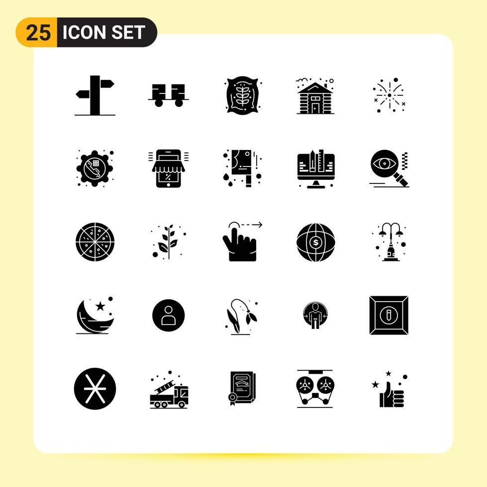 Solid Glyph Pack of 25 Universal Symbols of fire work hut lift truck house farm Editable Vector Design Elements
