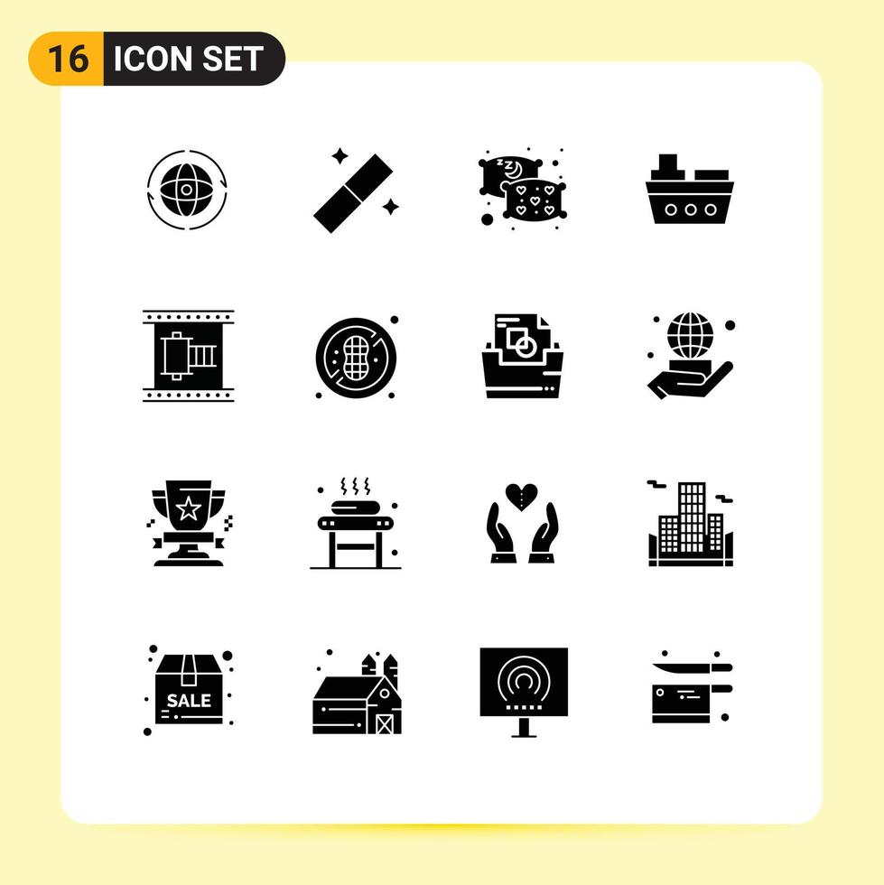 Group of 16 Modern Solid Glyphs Set for filmstrip cinema pillow vehicles marine Editable Vector Design Elements