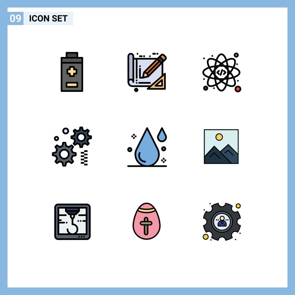 Mobile Interface Filledline Flat Color Set of 9 Pictograms of frame drop atom drink gear Editable Vector Design Elements
