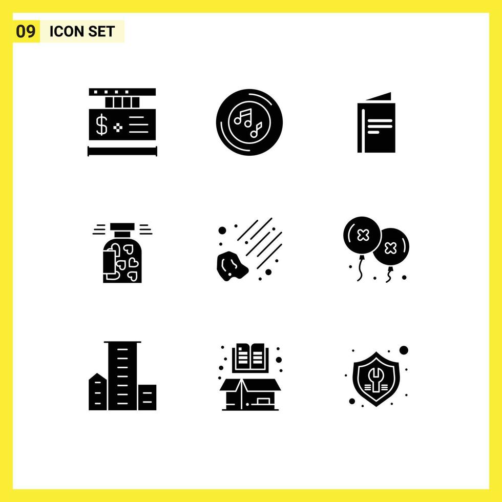Set of 9 Commercial Solid Glyphs pack for valentine cookies song bottle advertisement Editable Vector Design Elements