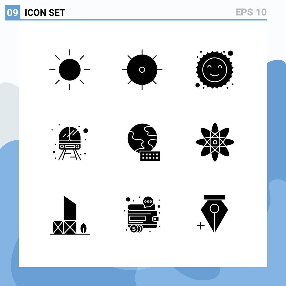 9 User Interface Solid Glyph Pack of modern Signs and Symbols of science atom public marketing world Editable Vector Design Elements