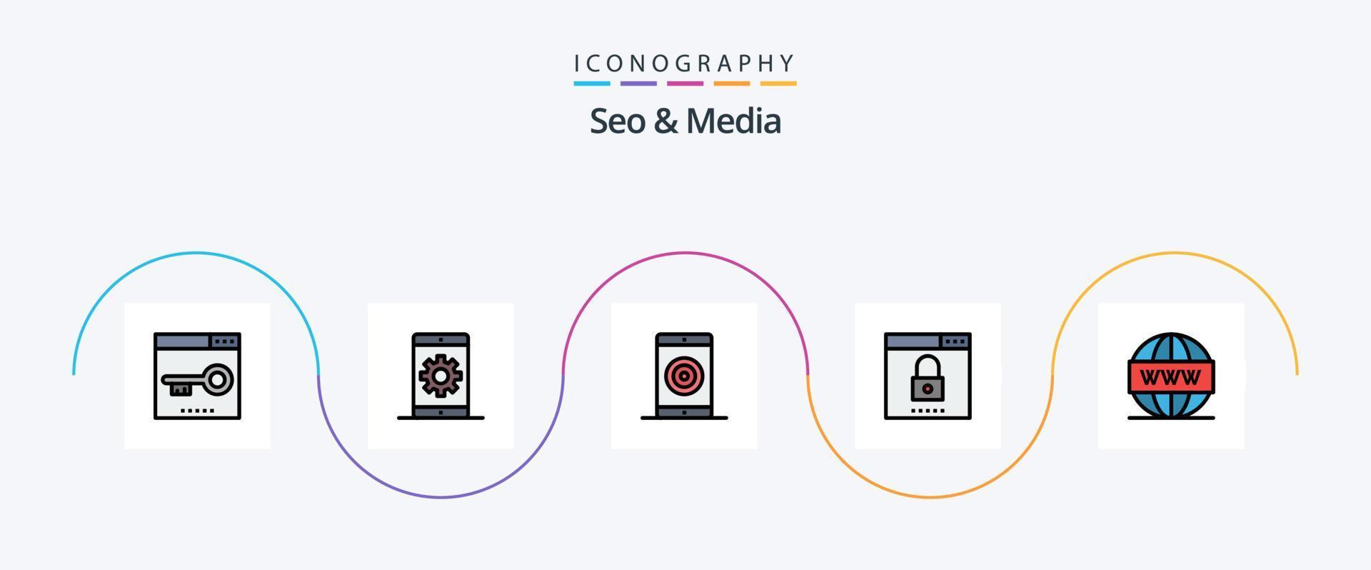 Seo and Media Line Filled Flat 5 Icon Pack Including optimization. engine. phone. performance. mobile vector