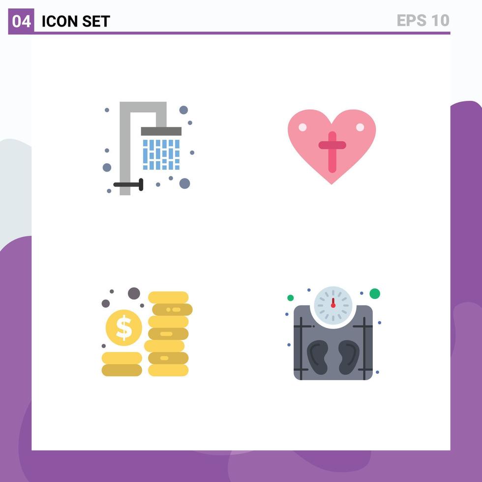 Group of 4 Flat Icons Signs and Symbols for shower investment heart loves machine Editable Vector Design Elements