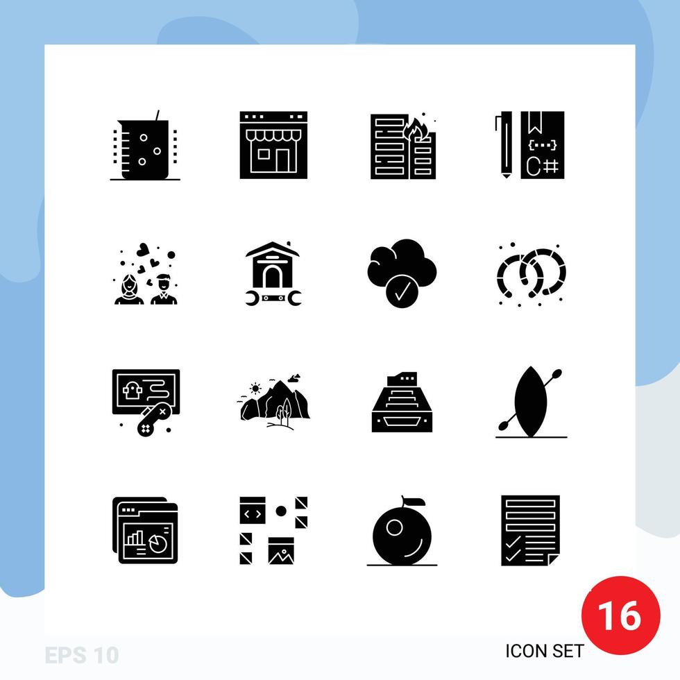 Modern Set of 16 Solid Glyphs Pictograph of coding c page risk flame Editable Vector Design Elements