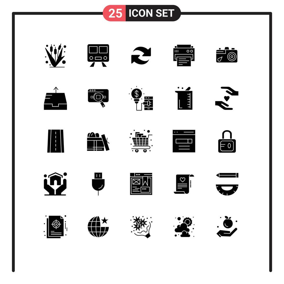 Pack of 25 creative Solid Glyphs of camera printing train print repeat Editable Vector Design Elements