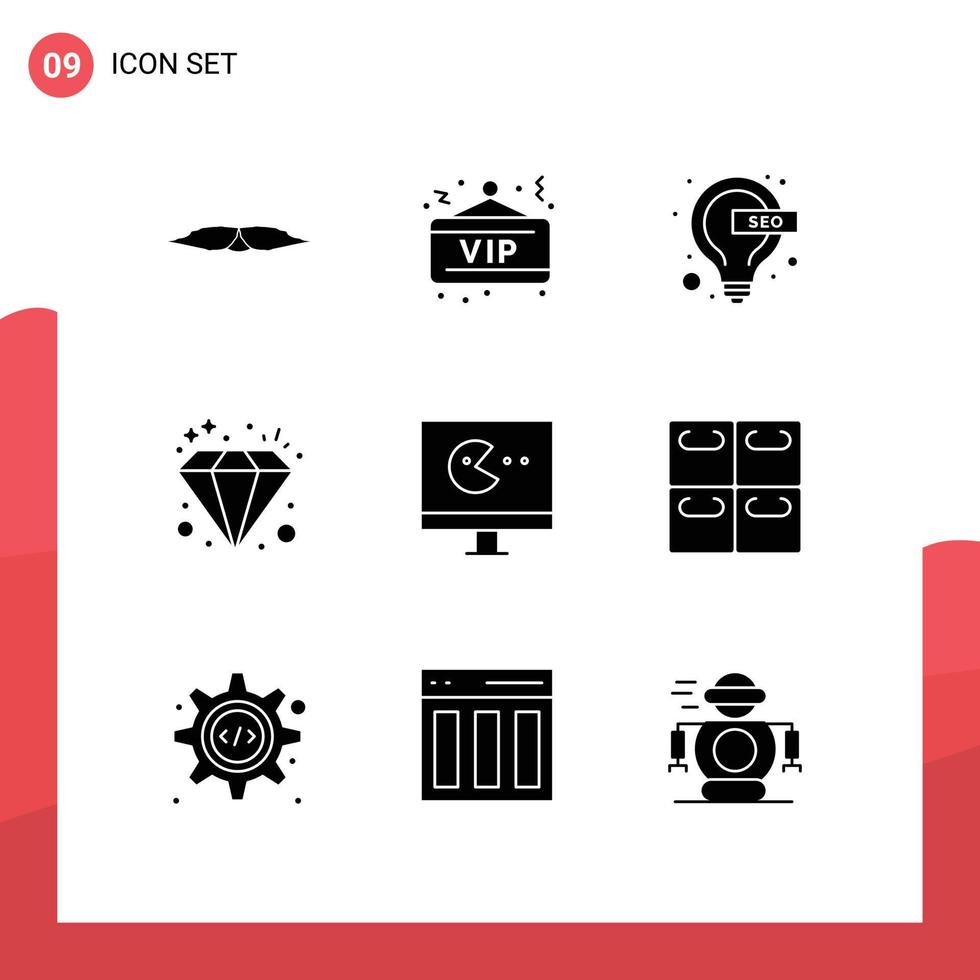 Editable Vector Line Pack of 9 Simple Solid Glyphs of game jewel party investment seo Editable Vector Design Elements