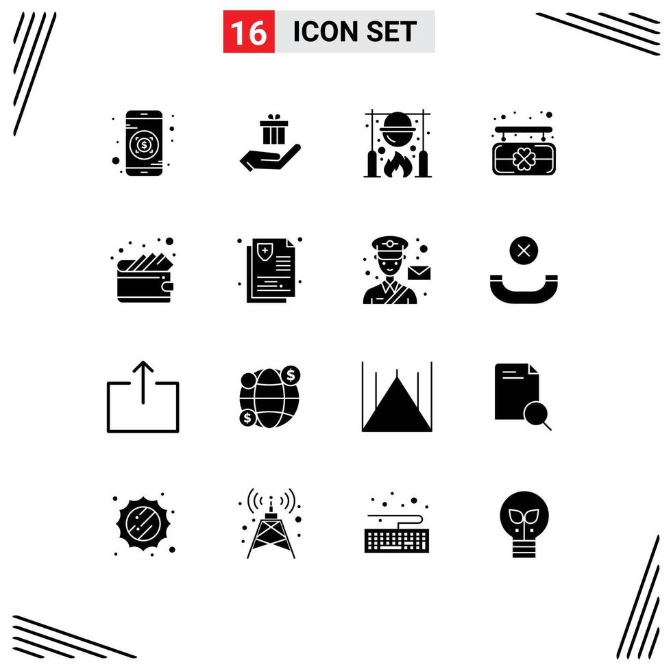 Set of 16 Vector Solid Glyphs on Grid for wallet cash caldron patrick board Editable Vector Design Elements