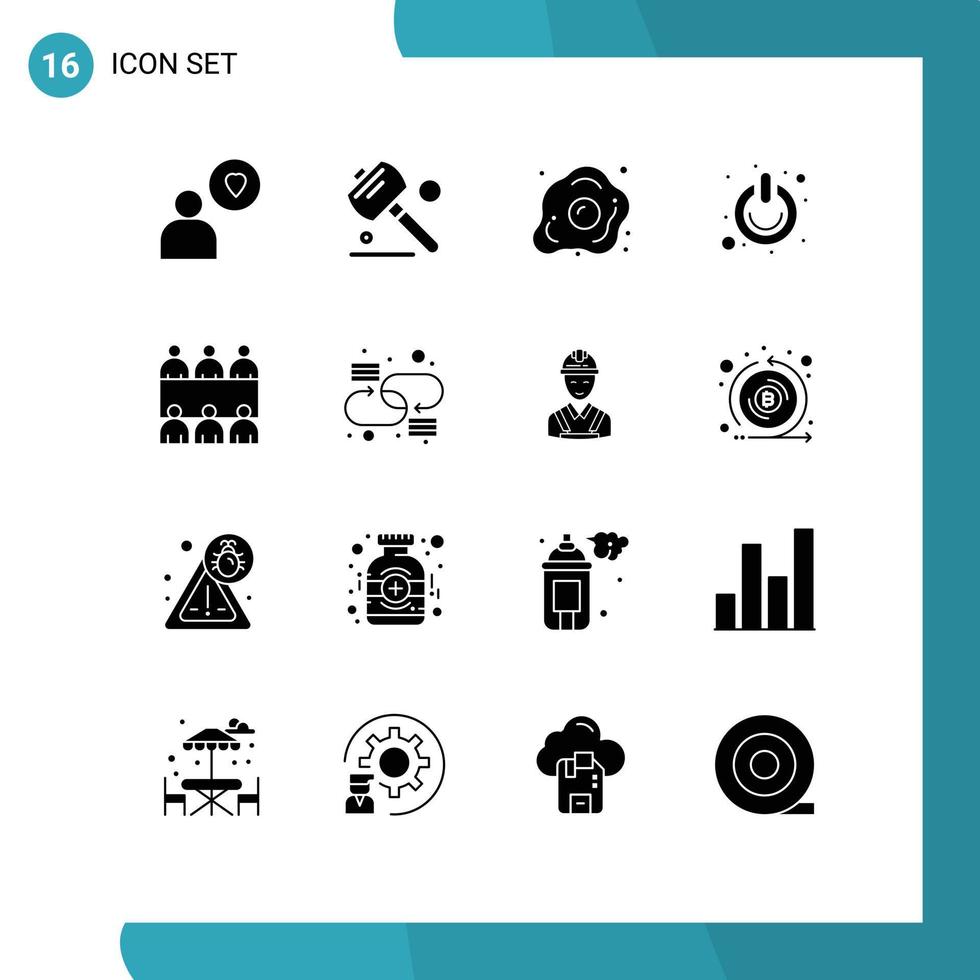 16 Thematic Vector Solid Glyphs and Editable Symbols of meeting switch food power off Editable Vector Design Elements