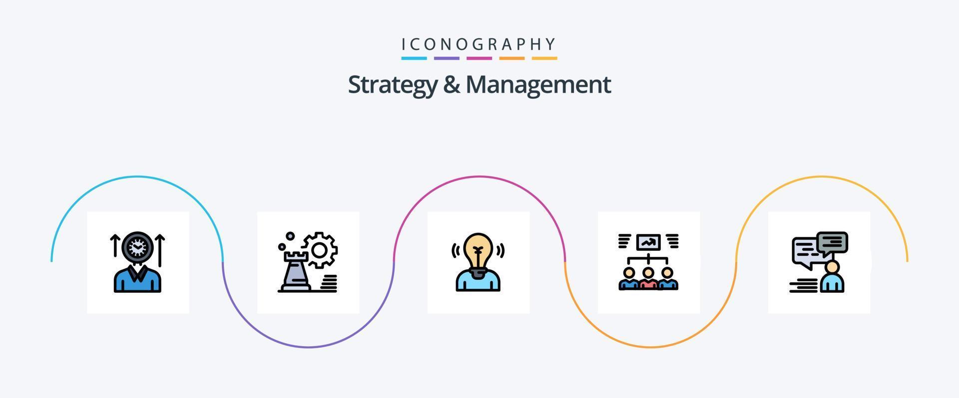 Strategy And Management Line Filled Flat 5 Icon Pack Including project. team. setting. light. user vector