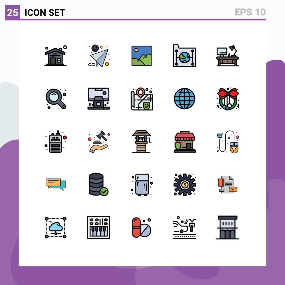Pack of 25 Modern Filled line Flat Colors Signs and Symbols for Web Print Media such as table lamp file image document cloud Editable Vector Design Elements