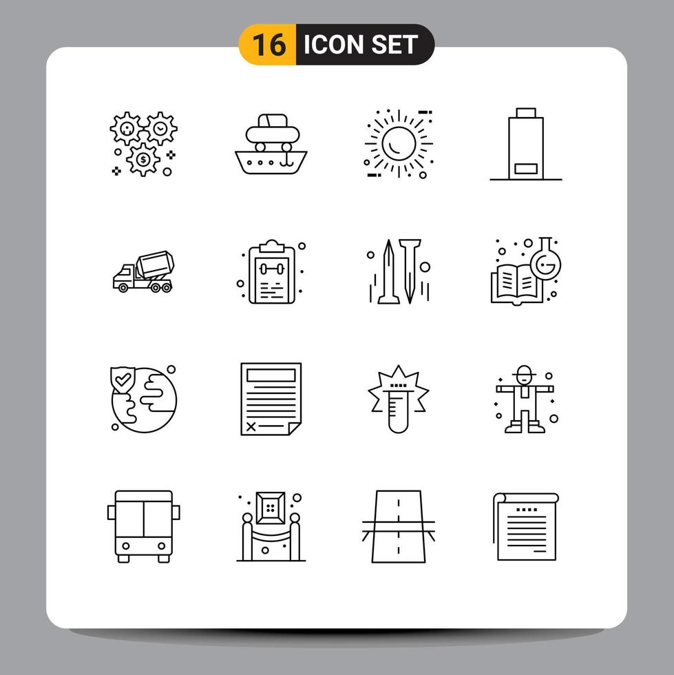 Universal Icon Symbols Group of 16 Modern Outlines of warning battery transport environment eco Editable Vector Design Elements