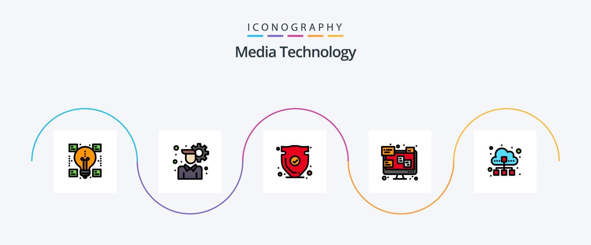 Media Technology Line Filled Flat 5 Icon Pack Including data. monitor. shield. laptop. chat vector