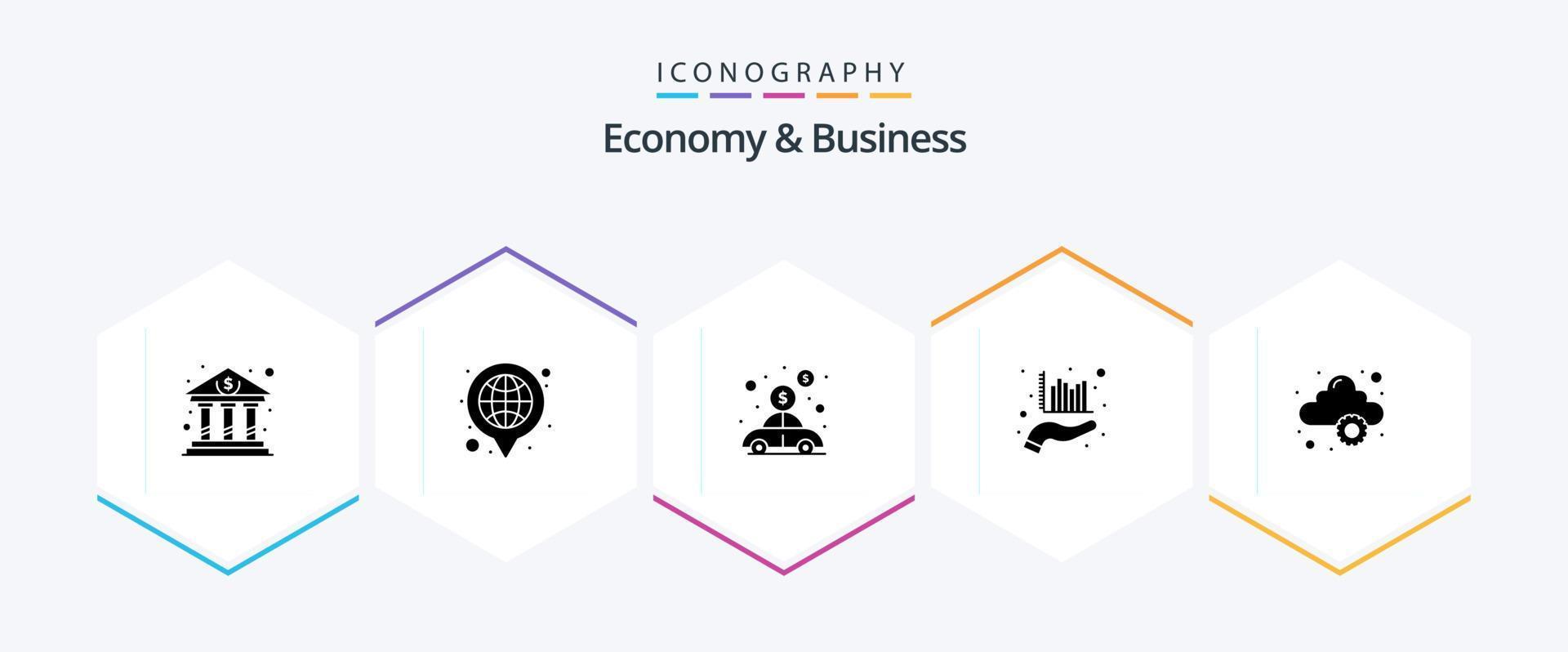 Economy And Business 25 Glyph icon pack including development. hand. car. data. analysis vector