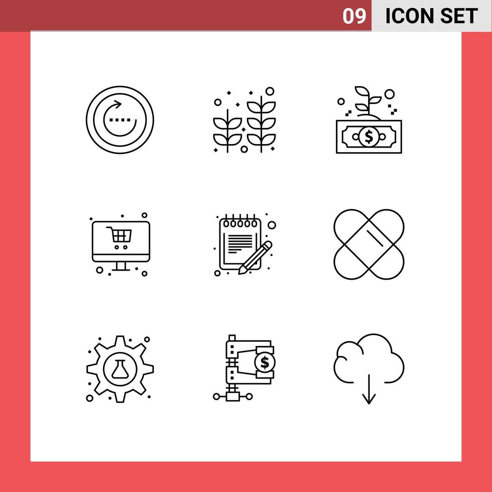 Set of 9 Commercial Outlines pack for monitor shopping tree online leaf Editable Vector Design Elements