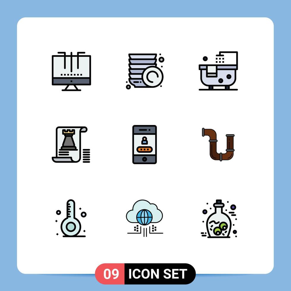 Modern Set of 9 Filledline Flat Colors Pictograph of access planning bath tower document Editable Vector Design Elements