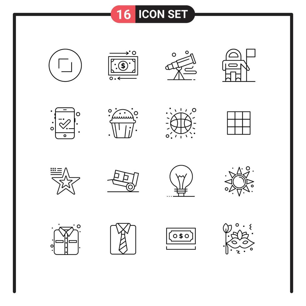 Modern Set of 16 Outlines and symbols such as checked flag binoculars exploration space Editable Vector Design Elements