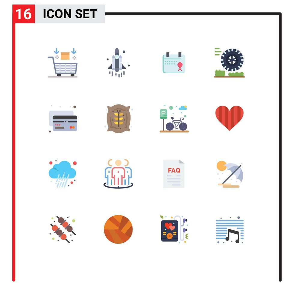 Group of 16 Flat Colors Signs and Symbols for credit wheel technology motion date Editable Pack of Creative Vector Design Elements