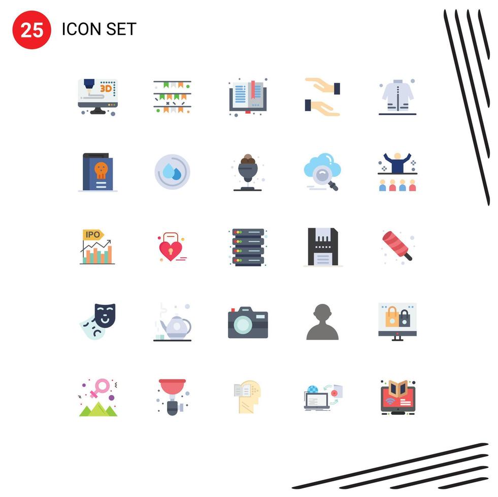 25 usuario interfaz plano color paquete de moderno señales y símbolos de hombre chaqueta libros manos cuidado editable vector diseño elementos