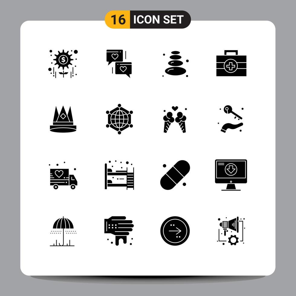 universal icono símbolos grupo de dieciséis moderno sólido glifos de primero Rey sauna corona equipo editable vector diseño elementos
