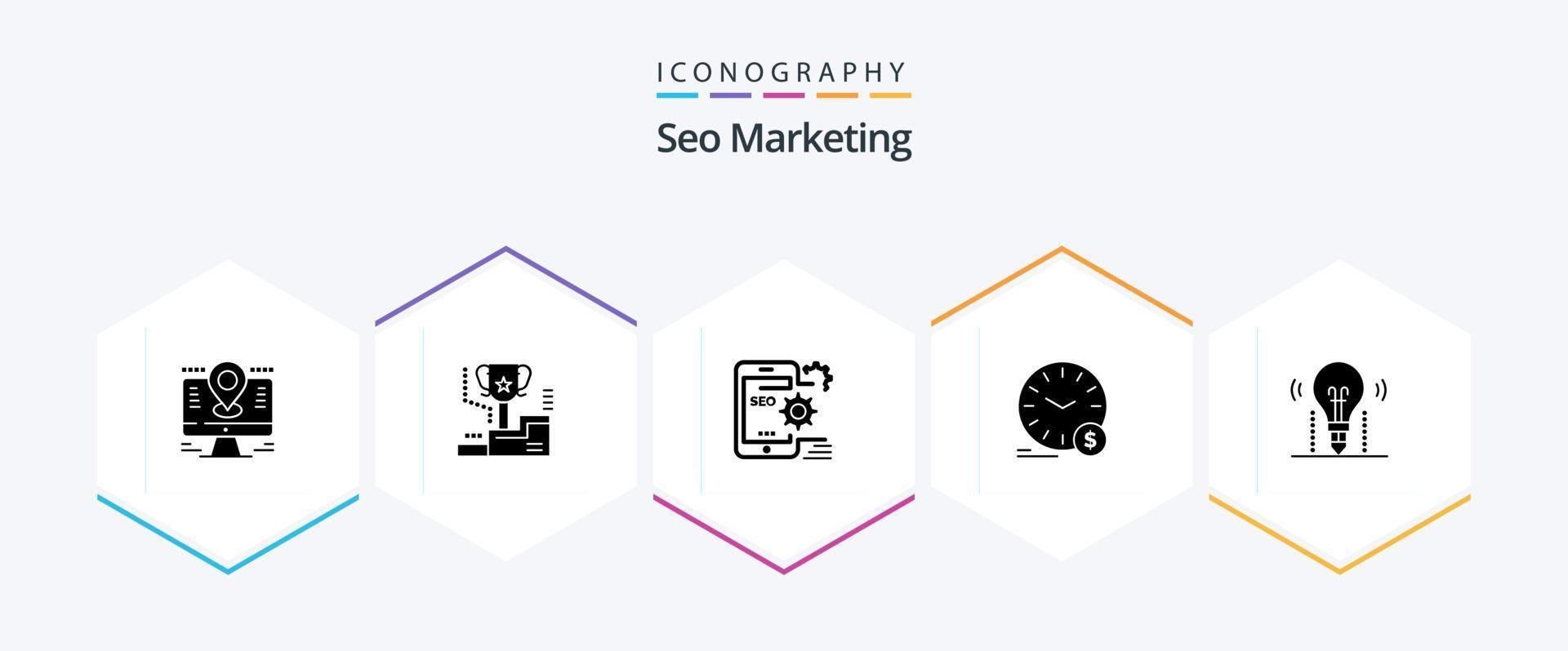 Seo Marketing 25 Glyph icon pack including dollar. time. trophy. configuration. optimize vector