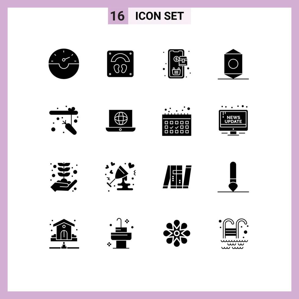 Group of 16 Solid Glyphs Signs and Symbols for rod fishing order wrapper food Editable Vector Design Elements