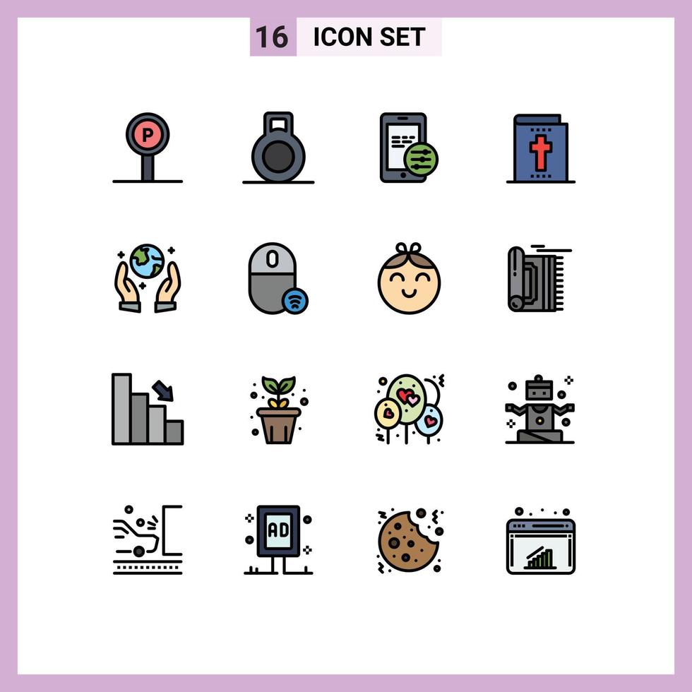 Group of 16 Modern Flat Color Filled Lines Set for gadget computers security guarder earth saving Editable Creative Vector Design Elements