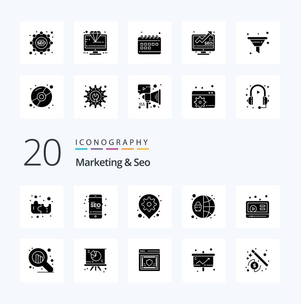 20 Marketing And Seo Solid Glyph icon Pack like youtube marketing gps seo network vector