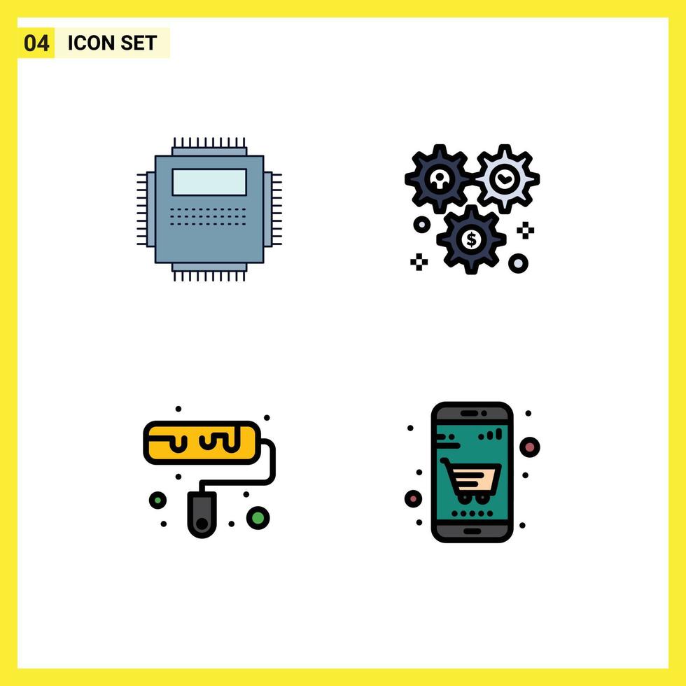 Modern Set of 4 Filledline Flat Colors Pictograph of processor dollar pc wheel paint Editable Vector Design Elements