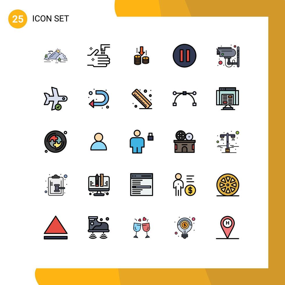 25 Universal Filled line Flat Colors Set for Web and Mobile Applications security camera tab pause analysis Editable Vector Design Elements