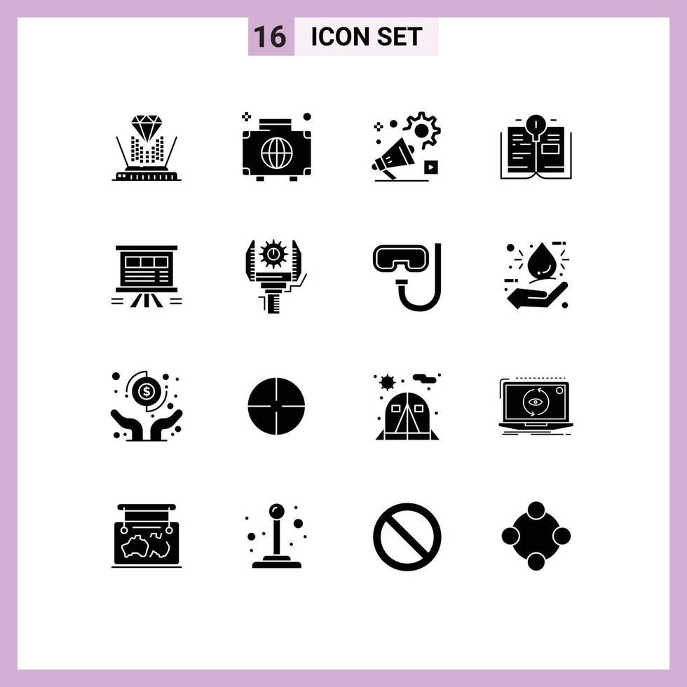 Modern Set of 16 Solid Glyphs and symbols such as analytics education luggage bulb video Editable Vector Design Elements