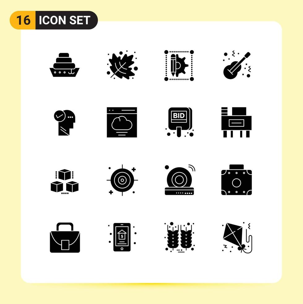 Group of 16 Modern Solid Glyphs Set for solution mind gear musical instrument Editable Vector Design Elements