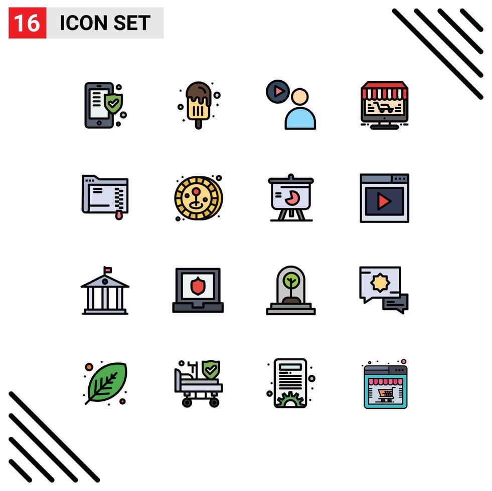 User Interface Pack of 16 Basic Flat Color Filled Lines of data store user shop monitor Editable Creative Vector Design Elements