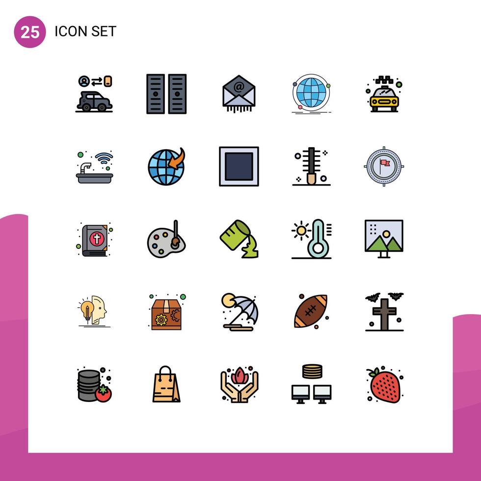 Set of 25 Vector Filled line Flat Colors on Grid for taxi web mail network global Editable Vector Design Elements