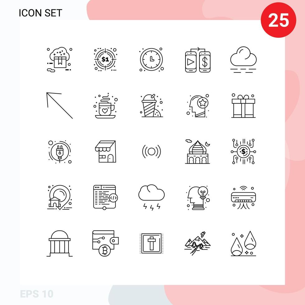 25 Universal Lines Set for Web and Mobile Applications cloud dollar target mobile timer Editable Vector Design Elements