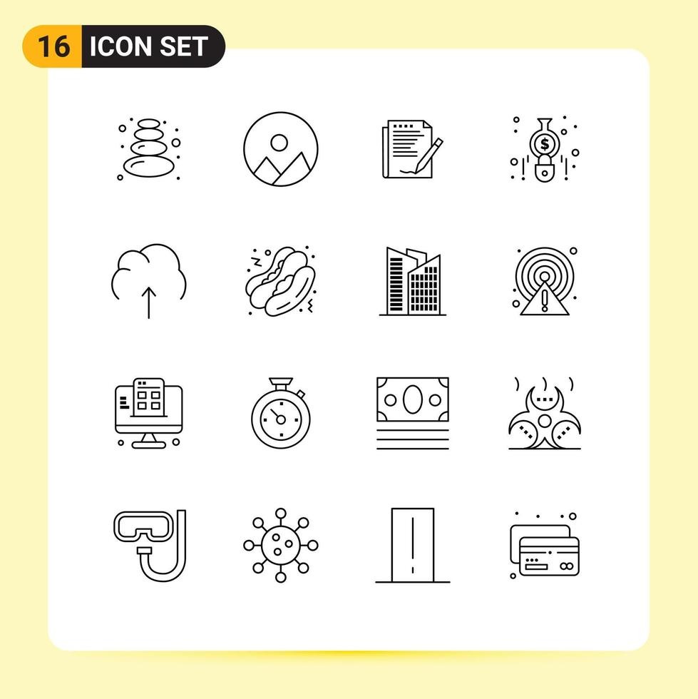 Pack of 16 Modern Outlines Signs and Symbols for Web Print Media such as multimedia cloud form finance calculate Editable Vector Design Elements