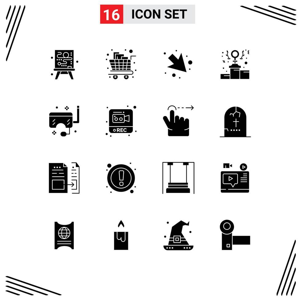 Group of 16 Modern Solid Glyphs Set for ocean goggles arrow podium feminism Editable Vector Design Elements