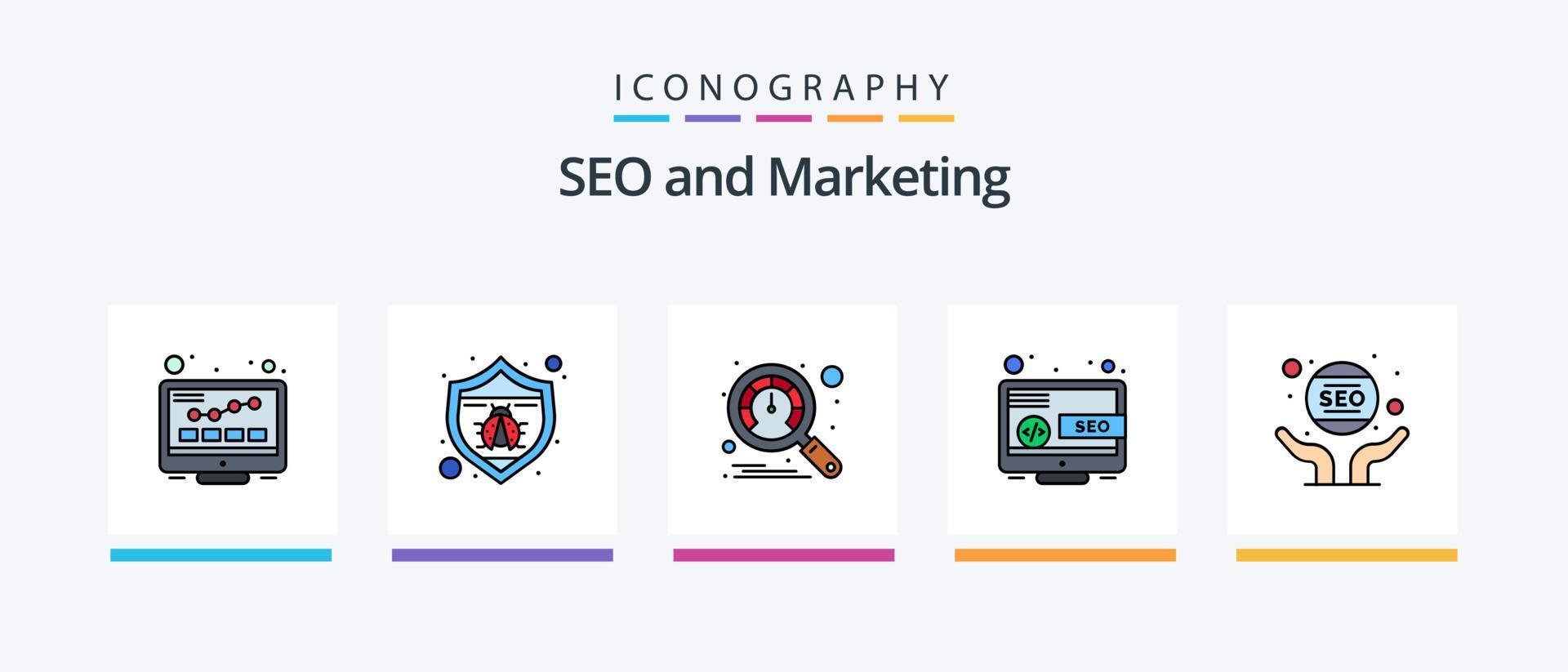 seo línea lleno 5 5 icono paquete incluso manos. cuidado. idea. web. bicho. creativo íconos diseño vector