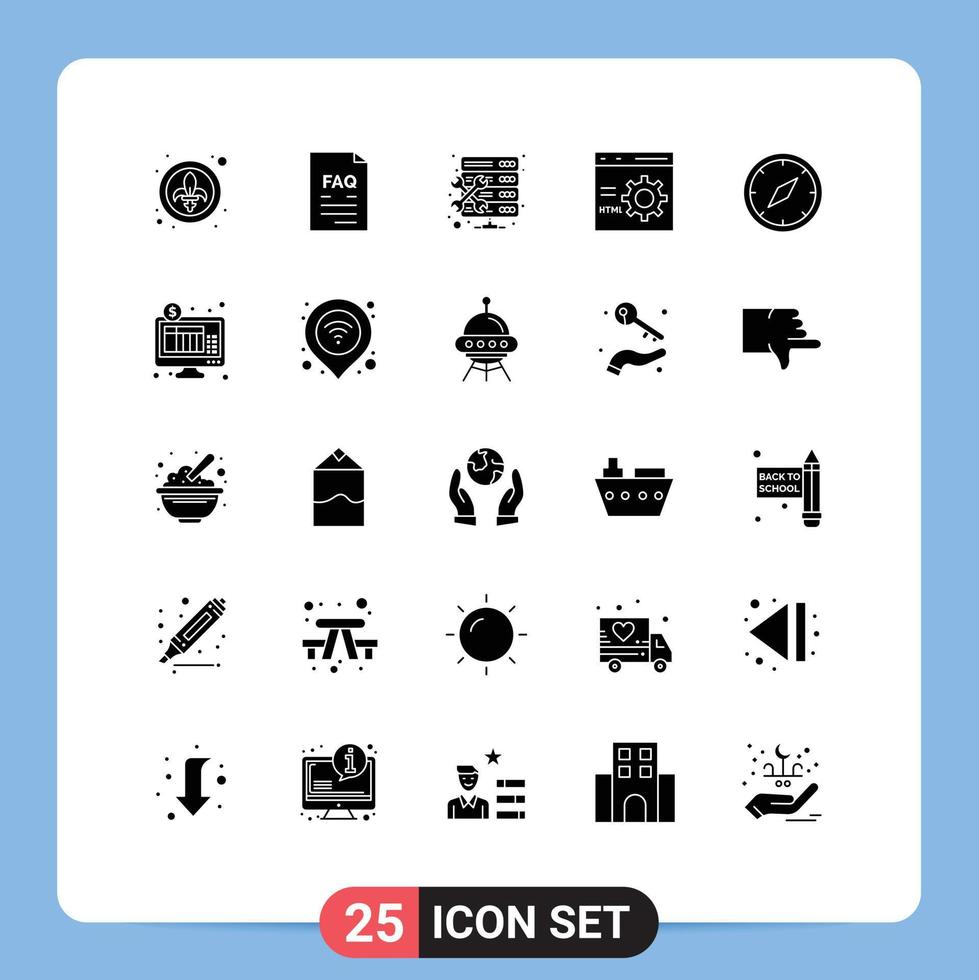 Solid Glyph Pack of 25 Universal Symbols of programming develop support coding setting Editable Vector Design Elements