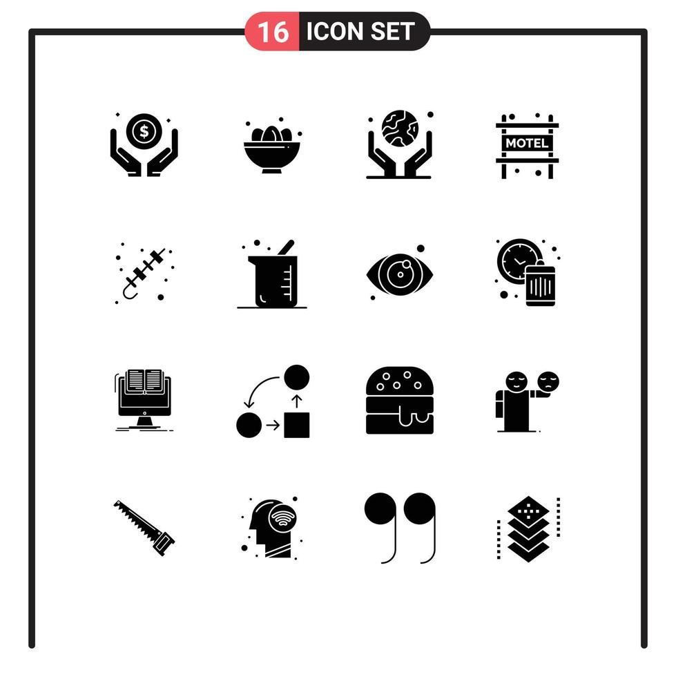 Set of 16 Vector Solid Glyphs on Grid for barbecue motel nest accommodation planet Editable Vector Design Elements