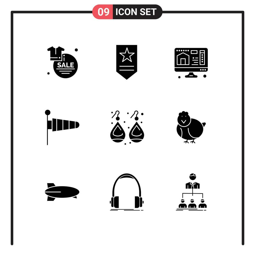 Editable Vector Line Pack of 9 Simple Solid Glyphs of jewelry earplugs computer wind parachute Editable Vector Design Elements