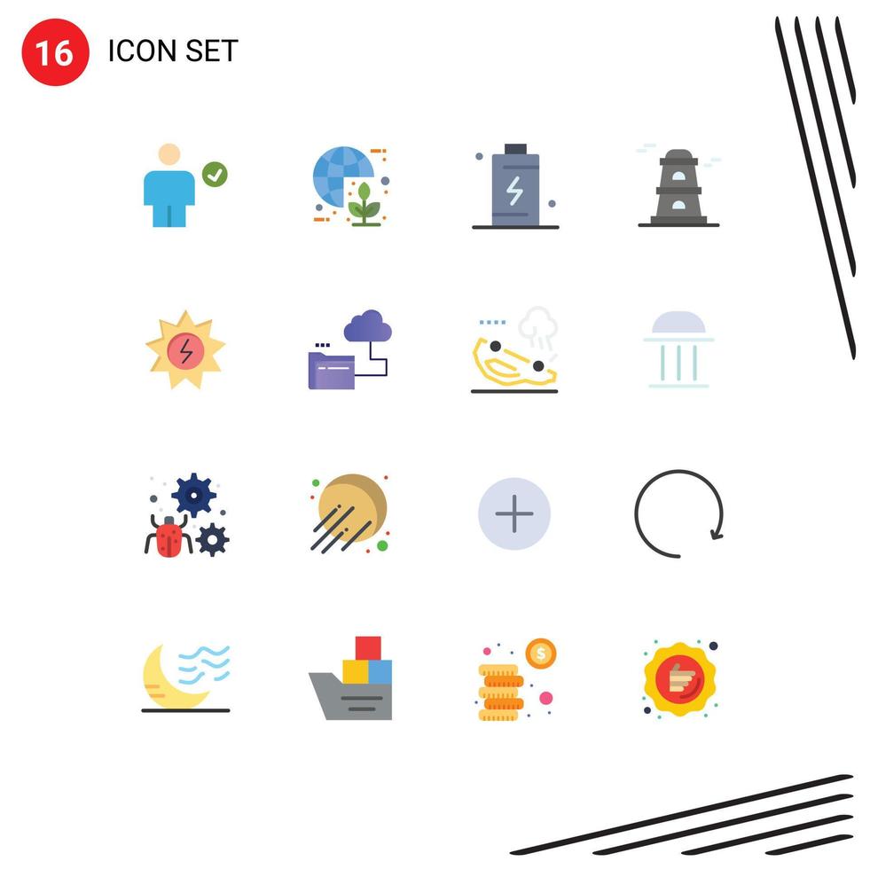 Pictogram Set of 16 Simple Flat Colors of watchtower observatory world energy charge Editable Pack of Creative Vector Design Elements
