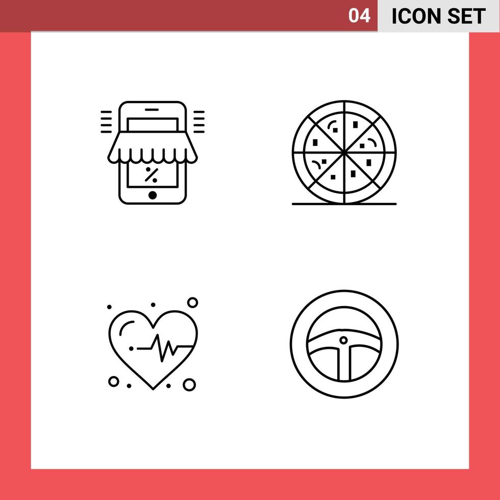 Group of 4 Filledline Flat Colors Signs and Symbols for mobile heartbeat marketplace pizza steering Editable Vector Design Elements