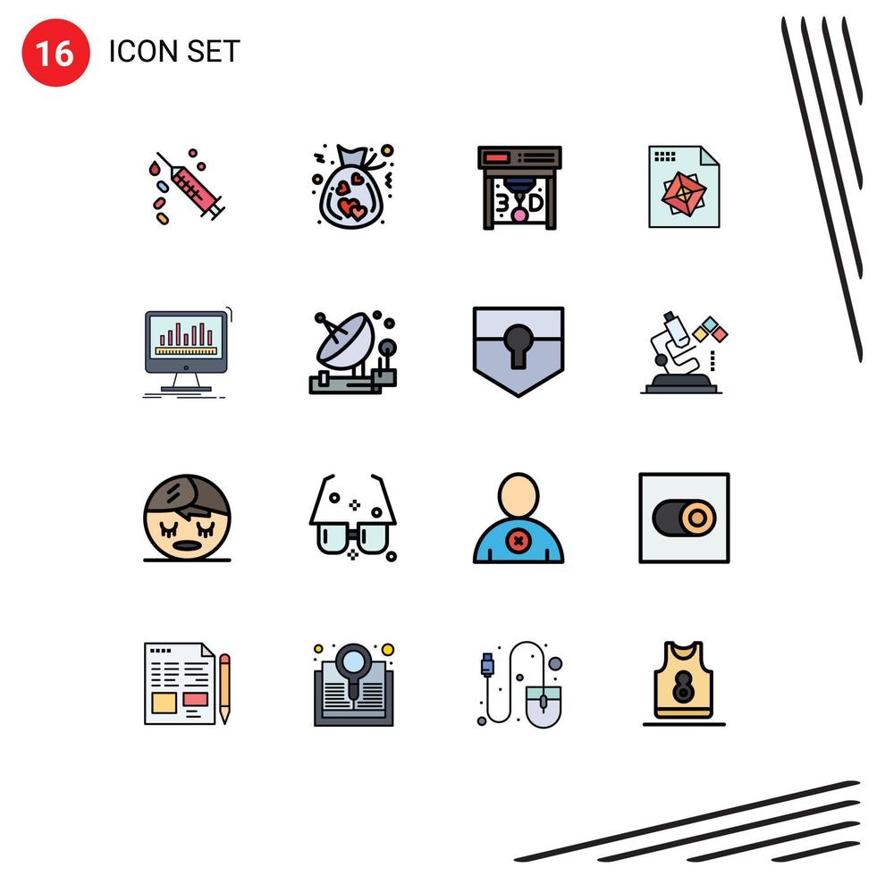 Pack of 16 Modern Flat Color Filled Lines Signs and Symbols for Web Print Media such as data processing printing analytics processing Editable Creative Vector Design Elements