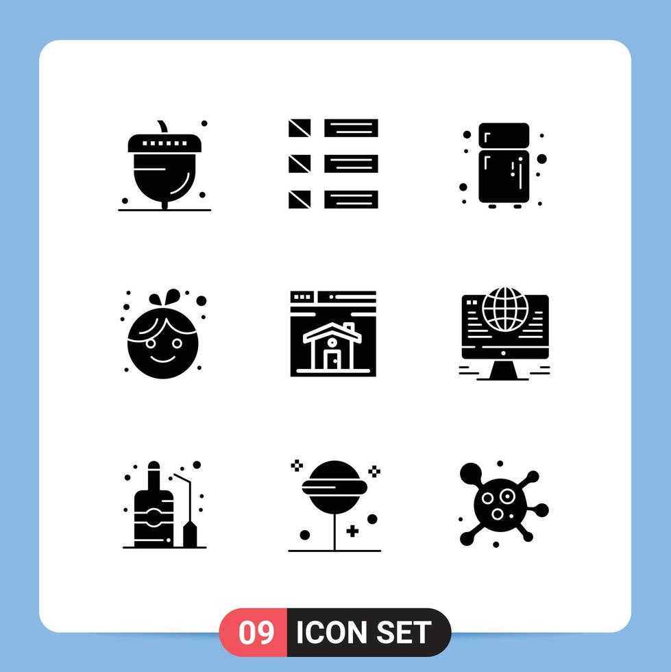 Pack of 9 Modern Solid Glyphs Signs and Symbols for Web Print Media such as web girl listing child refrigerator Editable Vector Design Elements