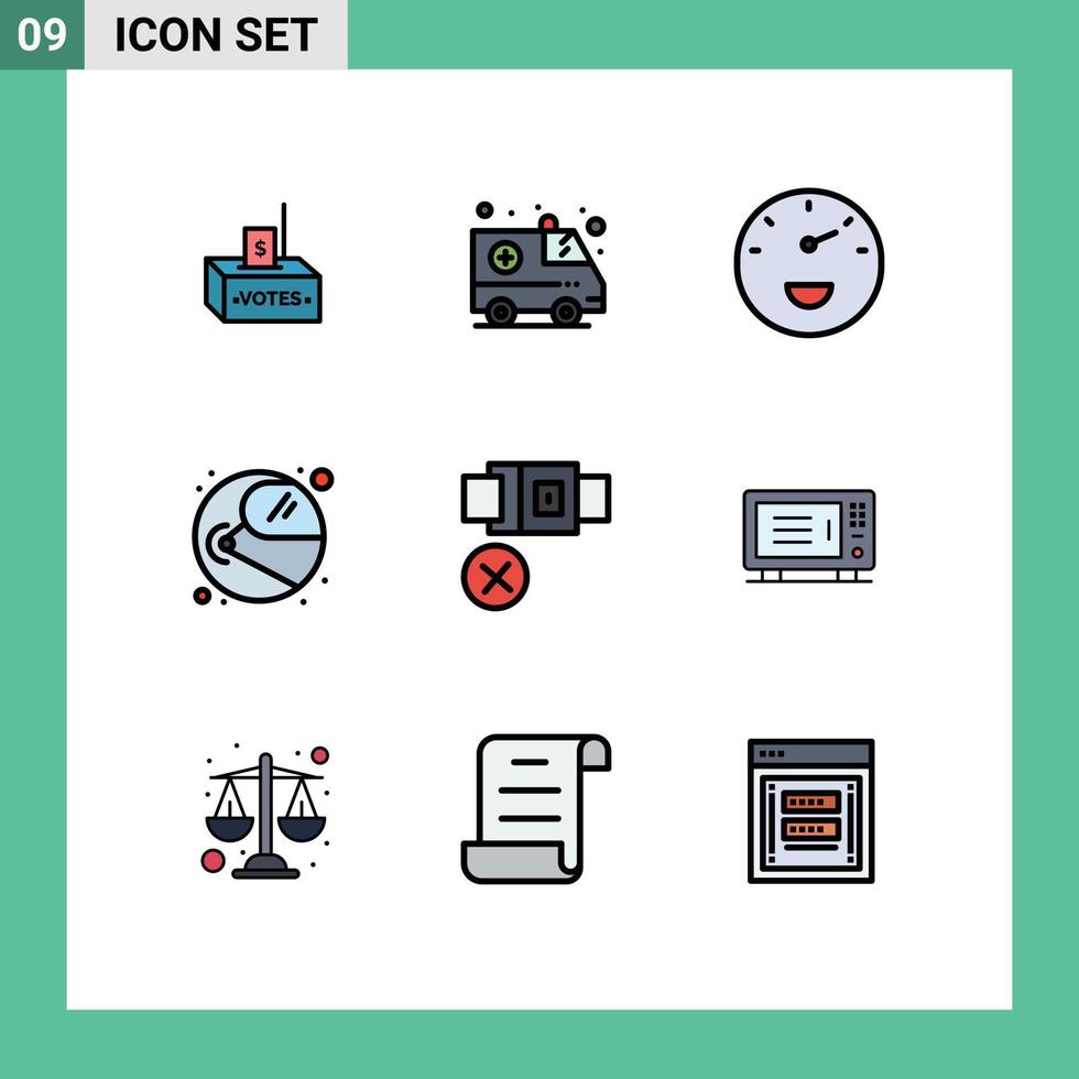 Group of 9 Filledline Flat Colors Signs and Symbols for lock belt gauge cosmonaut helmet Editable Vector Design Elements