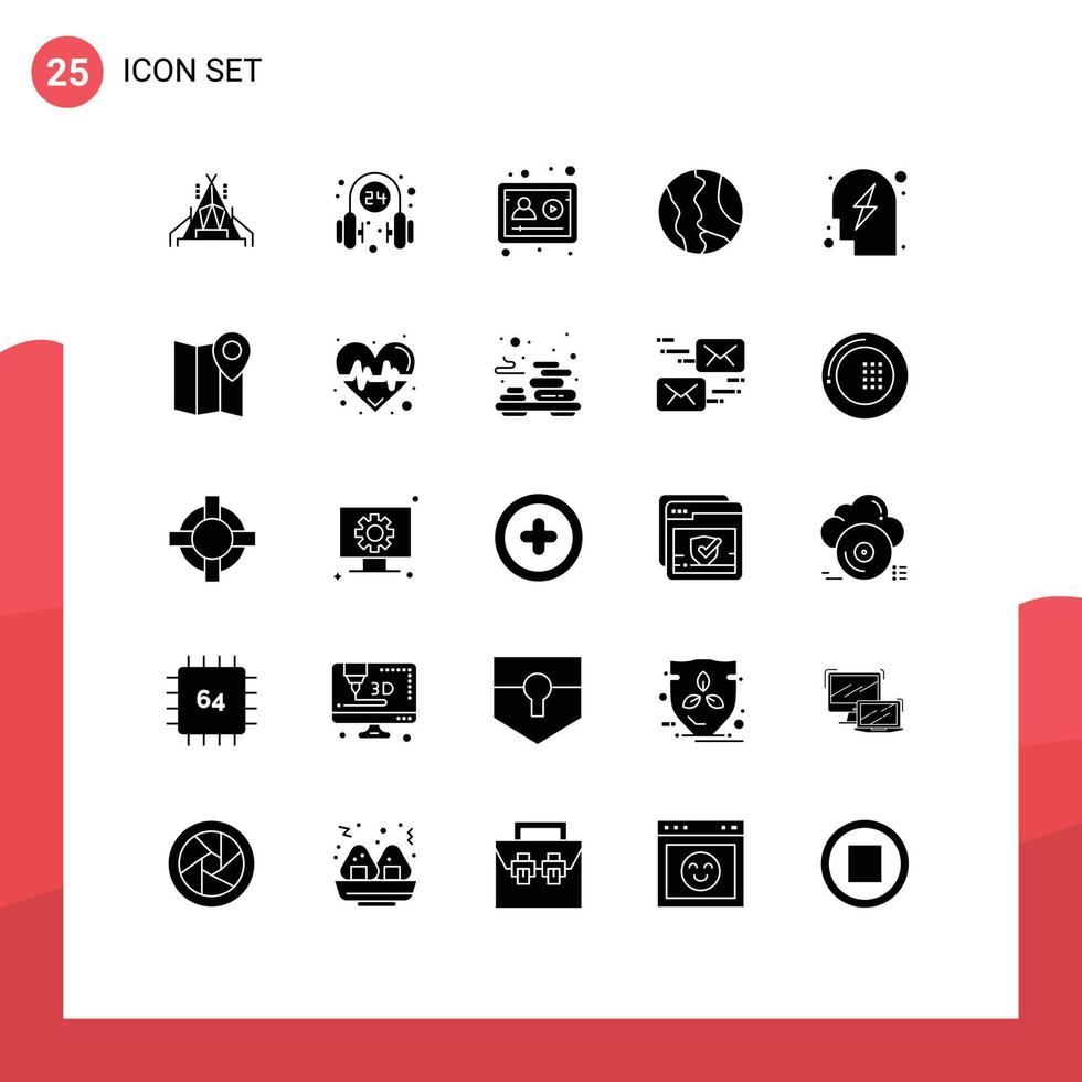 Group of 25 Solid Glyphs Signs and Symbols for head world account map global Editable Vector Design Elements