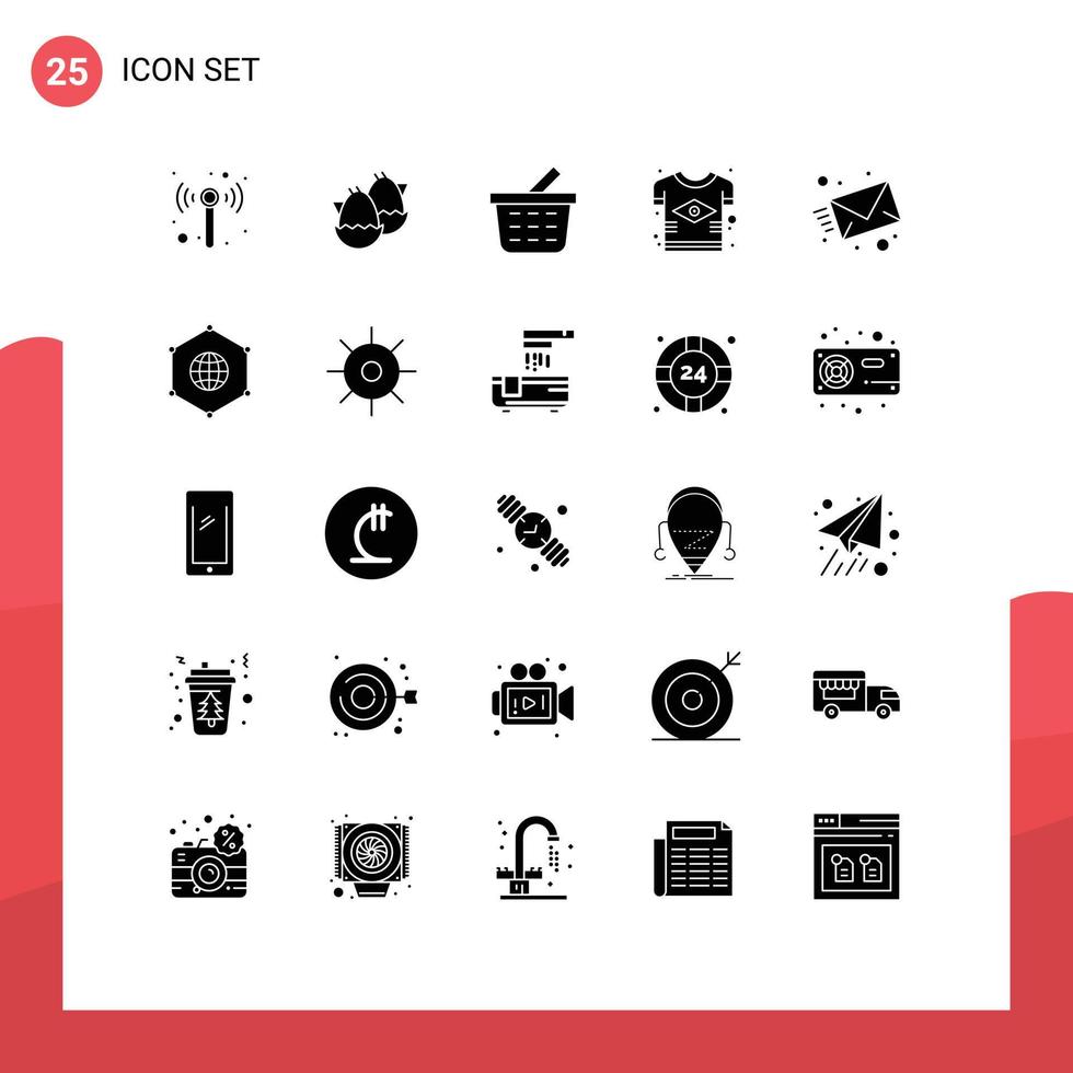 Pack of 25 Modern Solid Glyphs Signs and Symbols for Web Print Media such as message email checkout tshirt country Editable Vector Design Elements