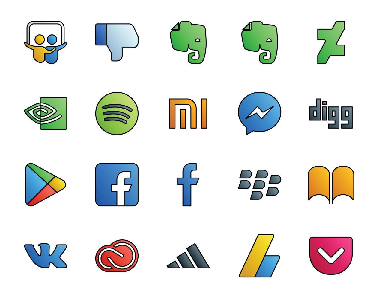 20 Social Media Icon Pack Including adobe creative cloud digg vk blackberry vector